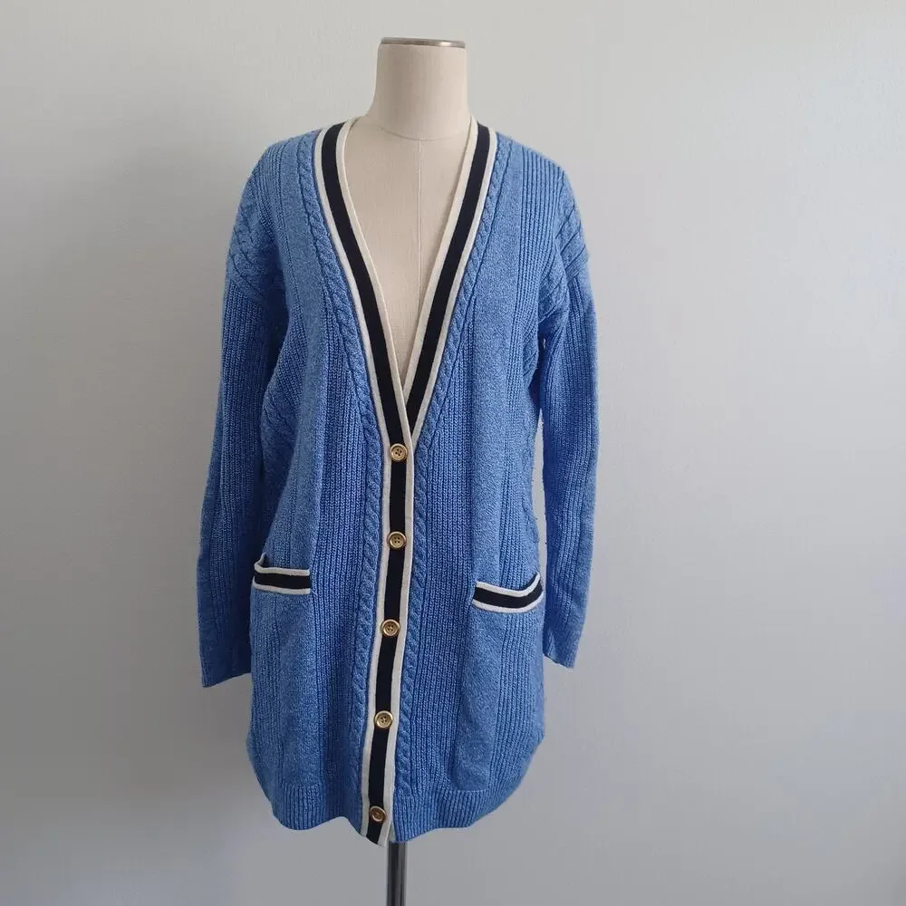 Talbots Cable Knit Cardigan Women M Blue Deep V-Neck Heavyweight Grannycore Cozy
